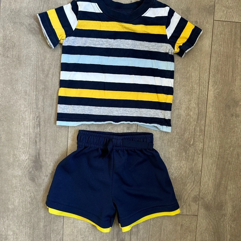 12 M Baby Boy Outfit Athletic Shorts & Stripe Shirt Carter’s Garanimals Clothes